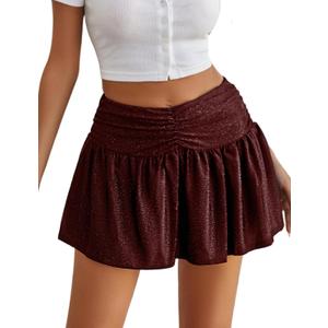 Avidlove Women Ruffle Skirt with Ruched Waist - Mini Lingerie Skirt in Solid Glitter Dark Red,M