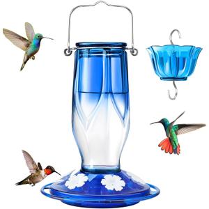 Kingsyard Glass Hummingbird Feeder 6 Feeding Ports, Hanging Bird Nectar Feeder 16 Ounces, Rustproof, Leakproof, Garden Backyard Decor, Ant Moat Included, Blue (Petal Gradient Blue)