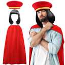 3 Pcs Halloween Cosplay Costume Red Color Velvet Renaissance Hat Cosplay Bob Wig with Bangs & Cloak for Halloween Carnival Fancy Dress