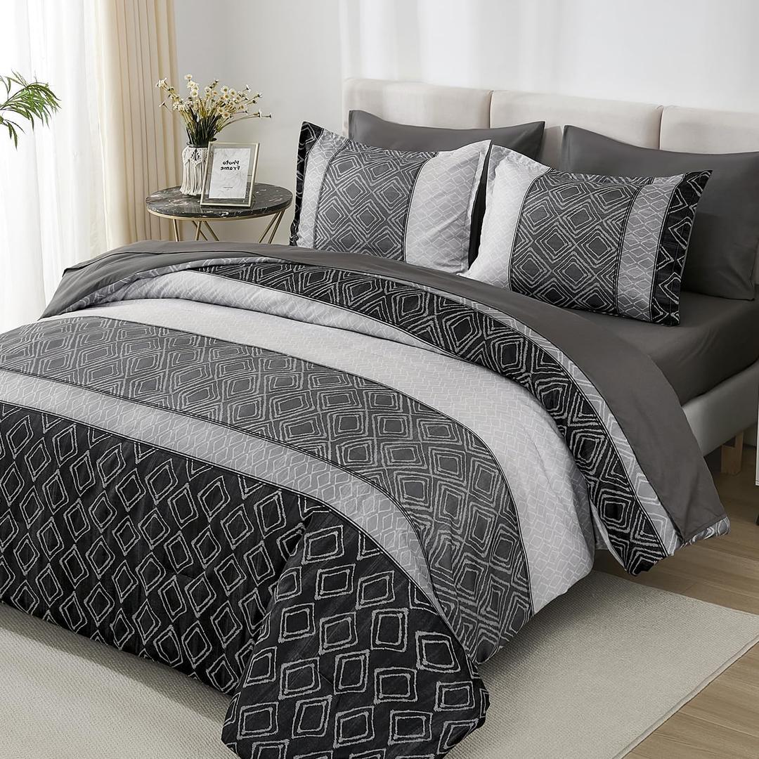 Dinjoy Queen Comforter Set Dark Gray Boho,Soft 7 Piece Bed in a Bag Queen Size Black Bedding Sets Striped Comforters with Plaid Bed Set with Sheets for Men Fall Winter, Black and Gray 