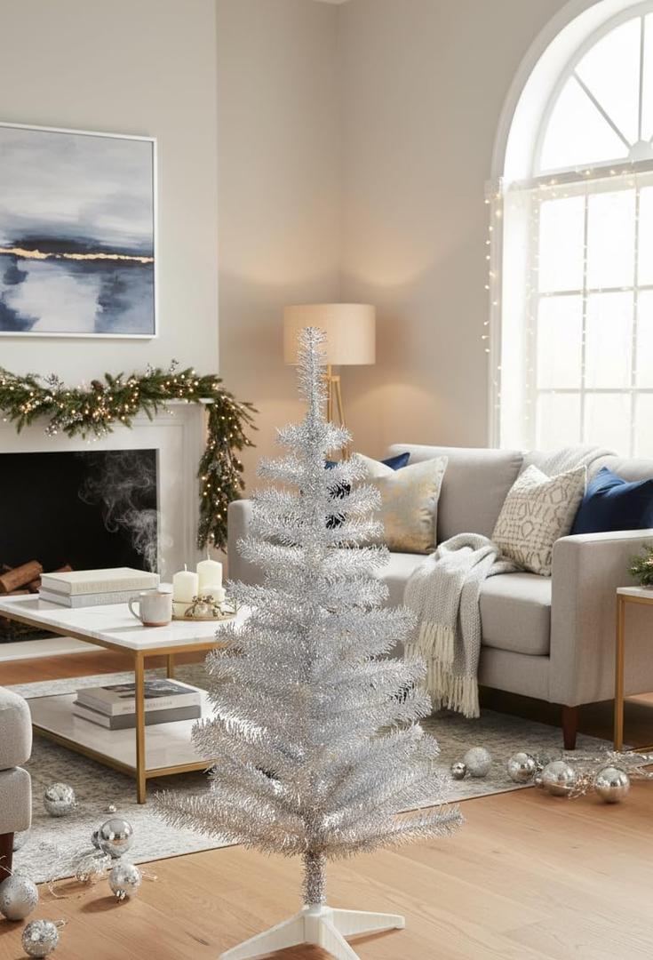 Silver Tinsel Christmas Tree, 4 Feet High x 22 Inches Wide, 123 Tips, Adjustable Wired Branches, White Stand