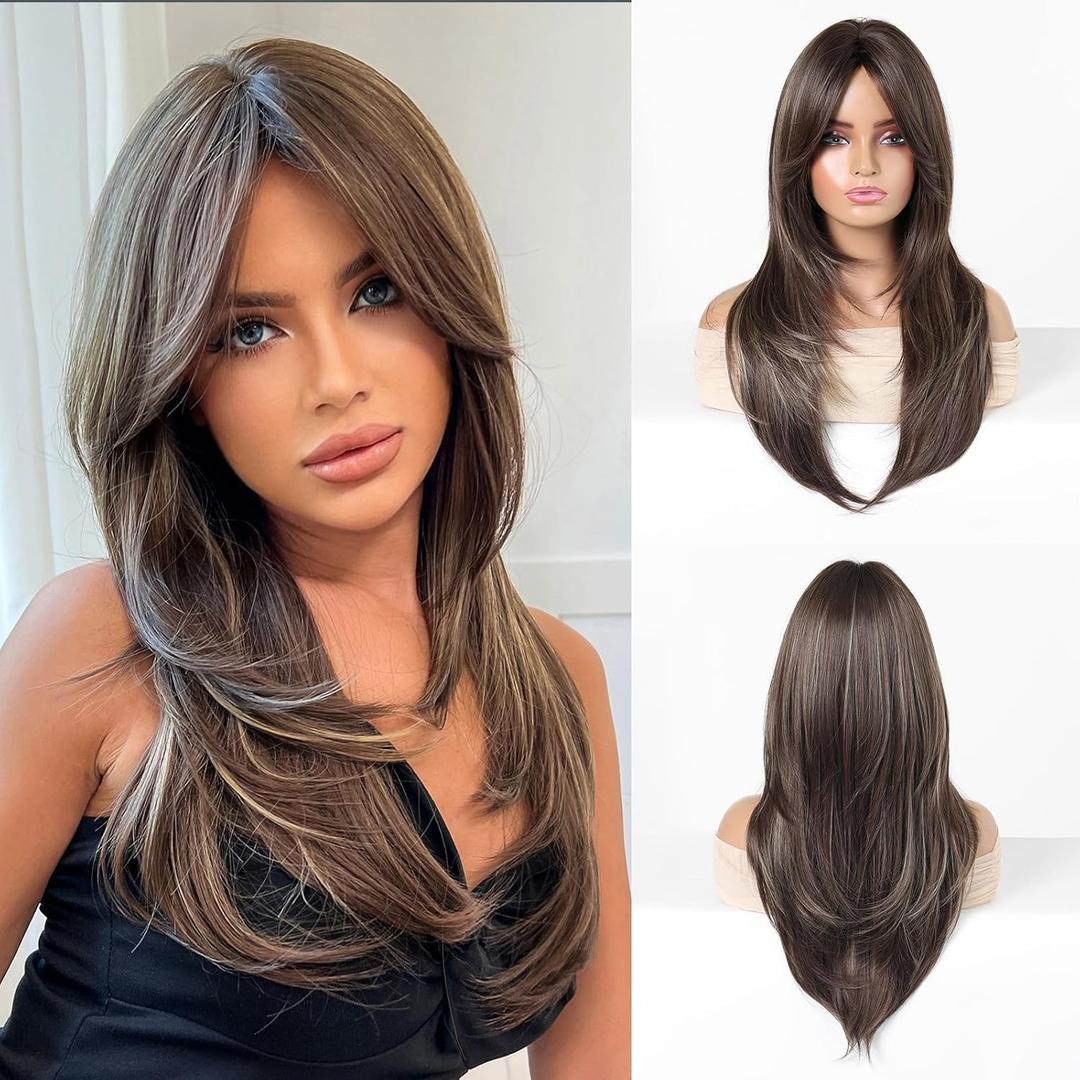 Esmee Long Straight Mixed Brown Wig with Curtain Bangs Layered Synthetic Hair Wigs for Women for Daily Party Use