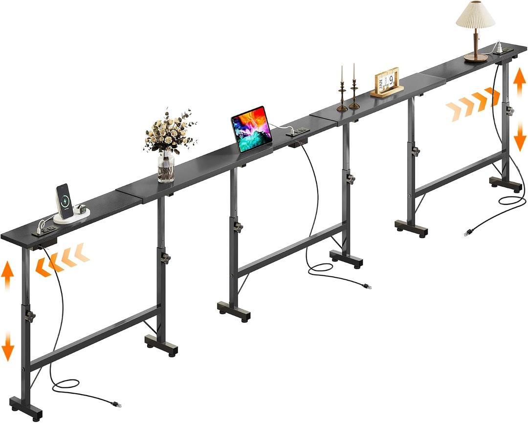106"-157" Adjustable Length Behind Couch Sofa Table with 3 Power Outlets | 23" to 31" Adjustable Height, Narrow Console Table for Hallway Bedroom Living Room Decor Foyer Furniture Rustic, Black