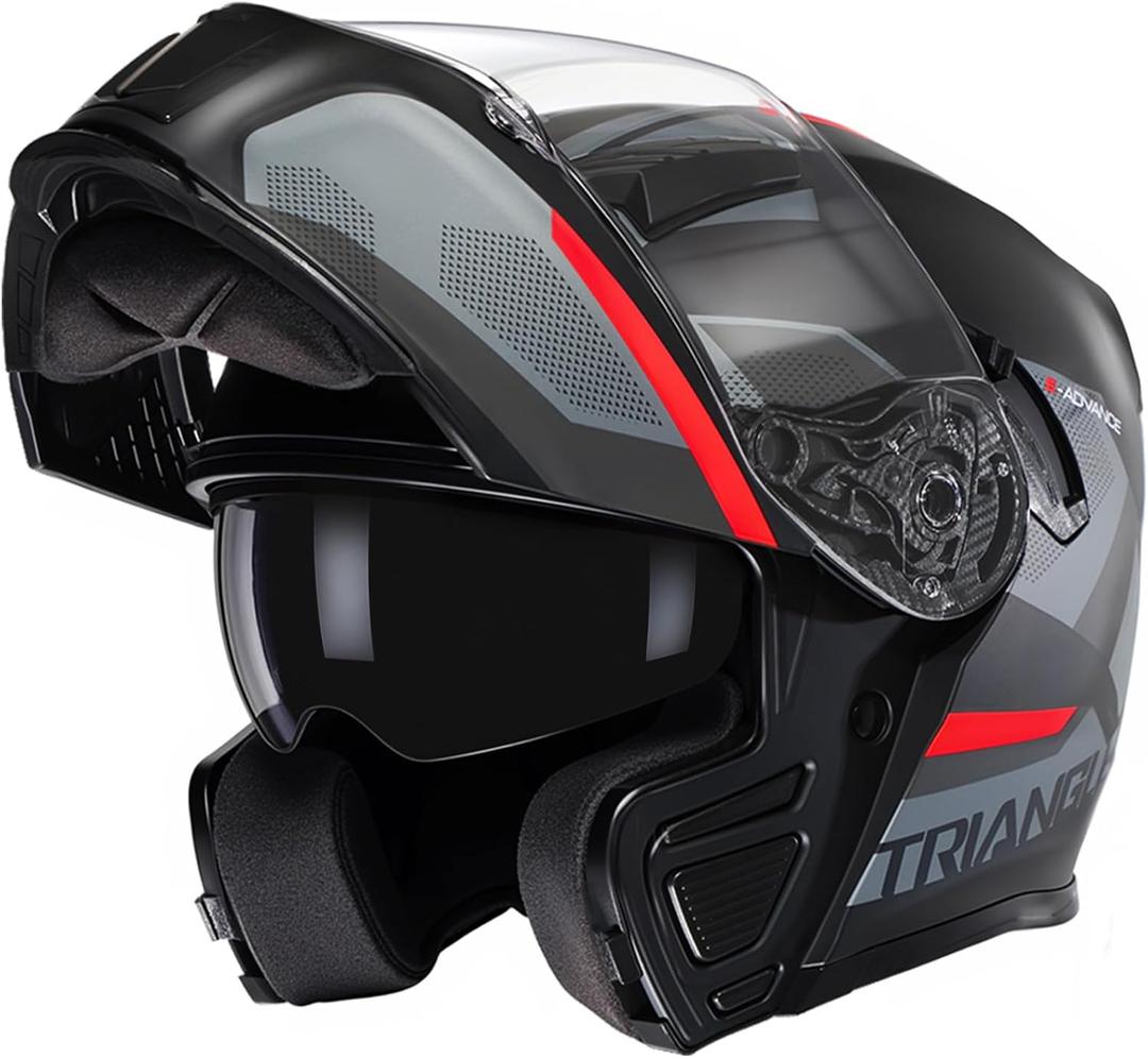TRIANGLE Modular Motorcycle Helmets for Men Flip Up Full Face Helmet Dual Visor with Internal Sunshield DOT Approved (Large, Black Red)