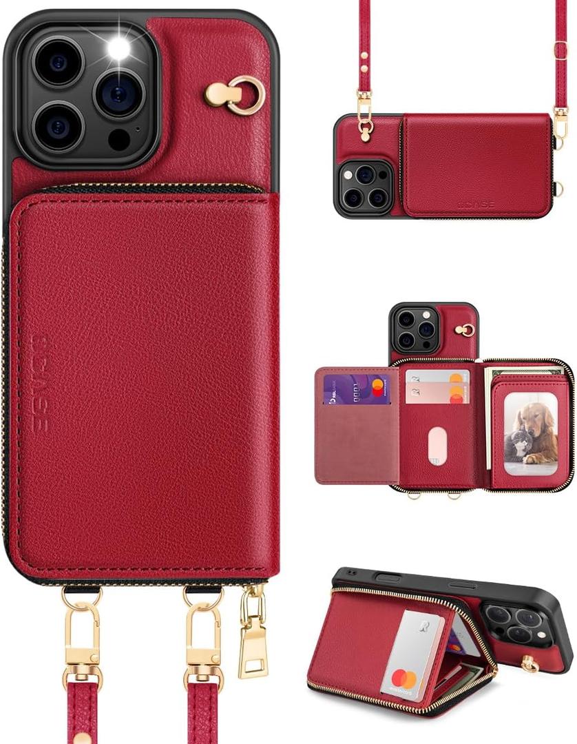 OCASE Compatible with iPhone 16 Pro Max Crossbody Wallet Case with Card Holder, PU Leather Zipper Handbag Phone Purse with RFID Blocking Kickstand Wrist Strap Lanyard 6.9 Inch, Dark Red