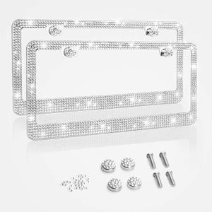 Tchipie 2 Pack Bling Rhinestone License Plate Frames for Women Girl, Bedazzled Sparkly Cute Diamond Car License Plate Frame, Glitter Crystal Tag Caps, Stainless Steel Holder(White)