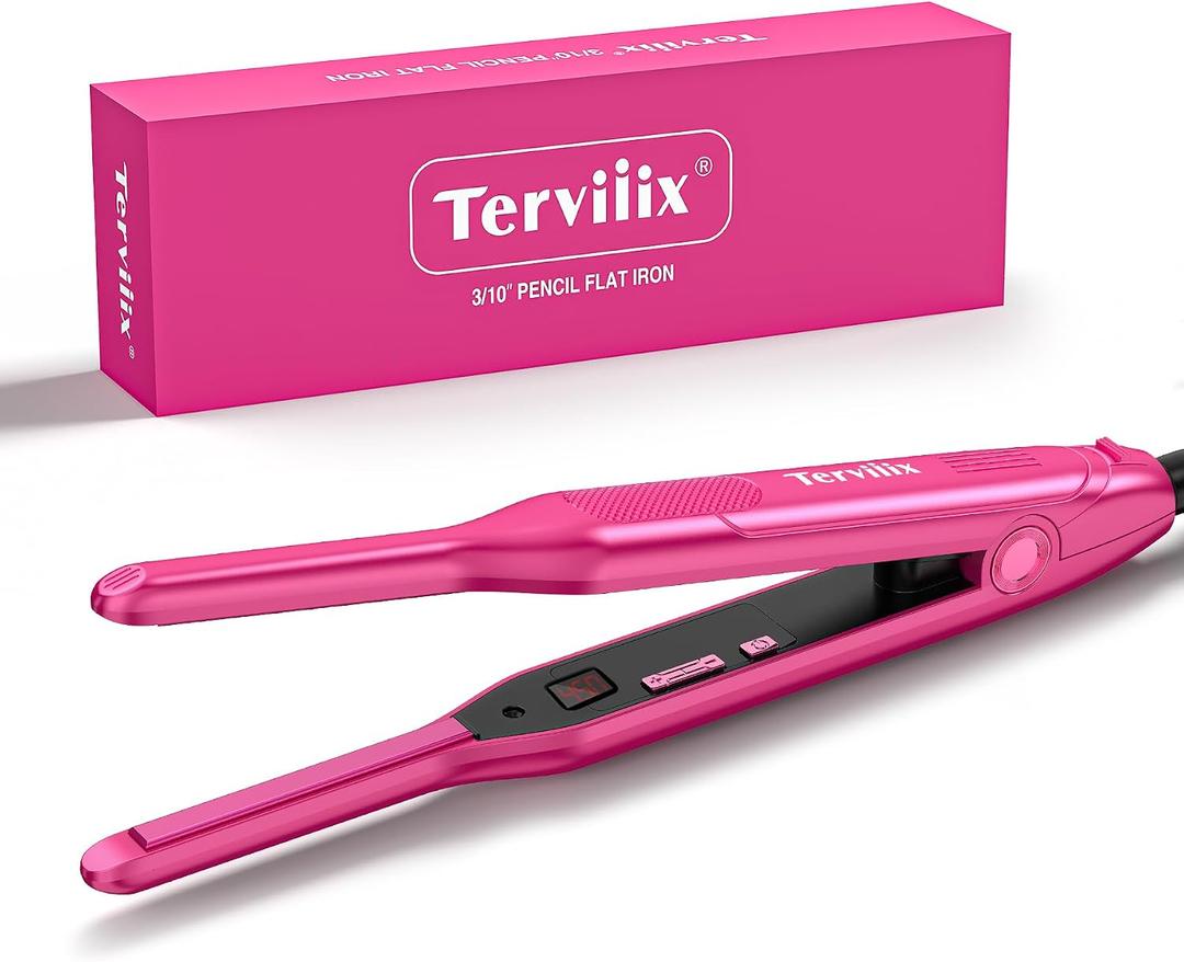 Terviiix Mini Flat Iron and Hair Straightener for Short Hair, Edges, and Pixie Cut - 3/10 Inch Skinny Pencil Straightener for Black Women's Baby Hair, LCD Digital Display, Dual Voltage, Pink