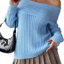 Cakulo Womens Off The Shoulder Sweater Ribbed Oversized Long Sleeve Tops 2026 Casual Knit Pullover Sweaters (Blue, S)