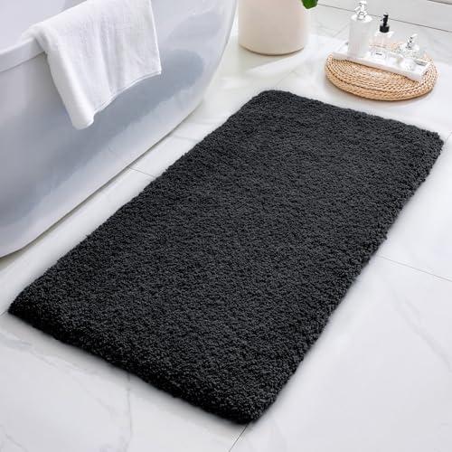 ILANGO Black Bathroom Rugs 48" × 24" Non Slip & Super Absorbent Extra Thick Soft, Washable Bath Mat for Floor, Microfiber Plush Shaggy Bath Rug with Rubber for Bathtub Shower Room Sink
