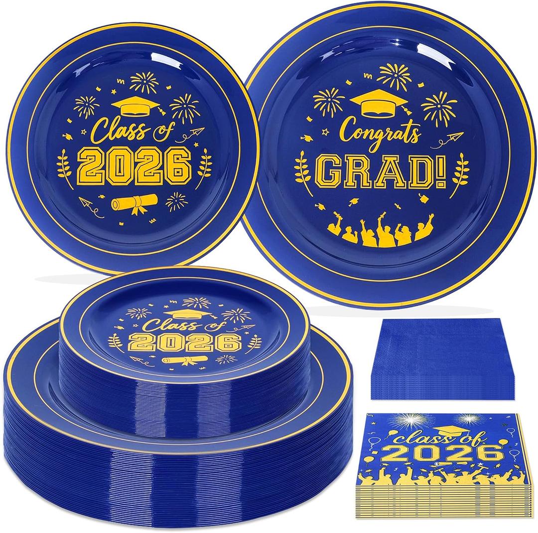 120 Pcs Graduation Plastic Plates,2026 Blue Gold Graduation Disposable Plates with Gold Rim for 30 Guests,30 Dinner Plates 10 inch & 30 Dessert Plates 7 inch Napkins for Party,Holiday