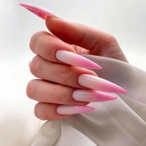 MISUD Press on Nails - Long Stiletto Fake Nails with Pink Ombre, Acrylic Gradient Design 24 pcs
