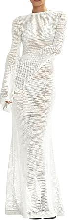 Womens Crochet Cover Ups Long Sleeve Sexy  Coverup Beach Maxi Dress, L/XL, White