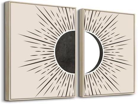 SERIMINO Black and White Wall Art Framed, Boho Canvas Wall Art for Living Room, Set of 2 Sun and Moon Painting Prints for Bedroom Decor Aesthetic,16 x24 inch