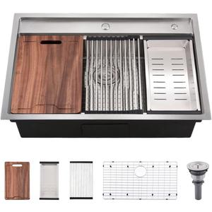 33 Inch Drop In Kitchen Sink Workstation - VOKIM 33X22 Inch Drop In sink Stainless Steel Topmount Splash Guard 16 Gauge 10'' Deep Single Bowl Handmade Kitchen Sink with Cutting Board& Strainer