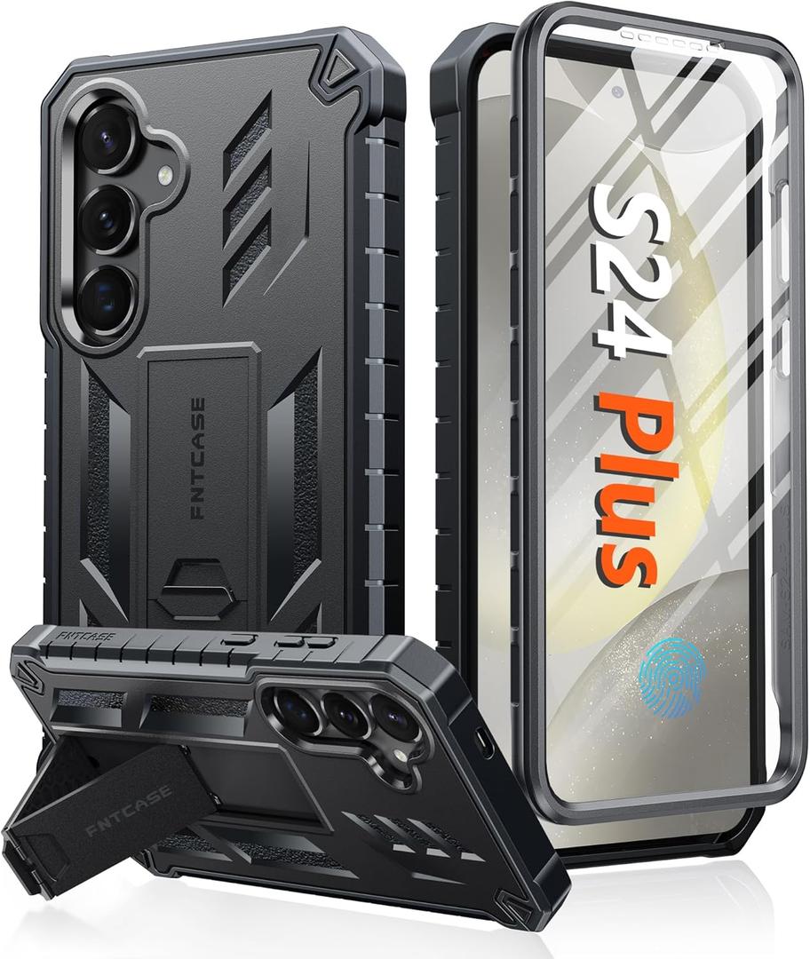 FNTCASE for Samsung Galaxy S24Plus Case: Military Grade Phone Case with Kickstand | Built-in Screen Protector Protective Rugged Shockproof Durable Drop Proof Phone Cover for Galaxy S24 Plus 5G Black