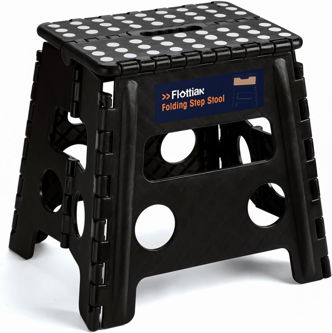 Flottian 13" Folding Step Stool for Adults and Kids Holds Up to 300 lbs, Non-Slip Folding Stools with Handle, Compact Plastic Foldable Step Stool for Bathroom, Bedroom, Kitchen Gray, 1PC (Black)