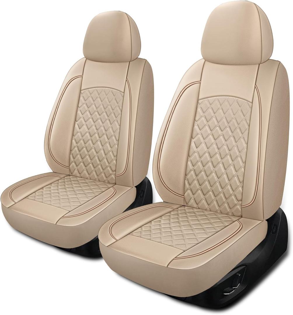 HChengkikz Leather Seat Covers, Breathable and Waterproof Napa Leather Car Seat Cover, Universal Interior for Cars, Sedans, SUVs, Vans, Trucks (Front Seat, Beige)