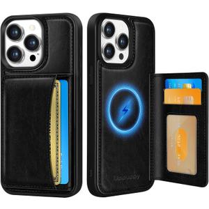 Uppuppy for iPhone 14 Pro Case with Wallet - Fits 4 Card Slots, Compatible with MagSafe for Women Men Men Durable PU Leather Credit Card Holder Kickstand Phone Cover for Apple 14 Pro, Black