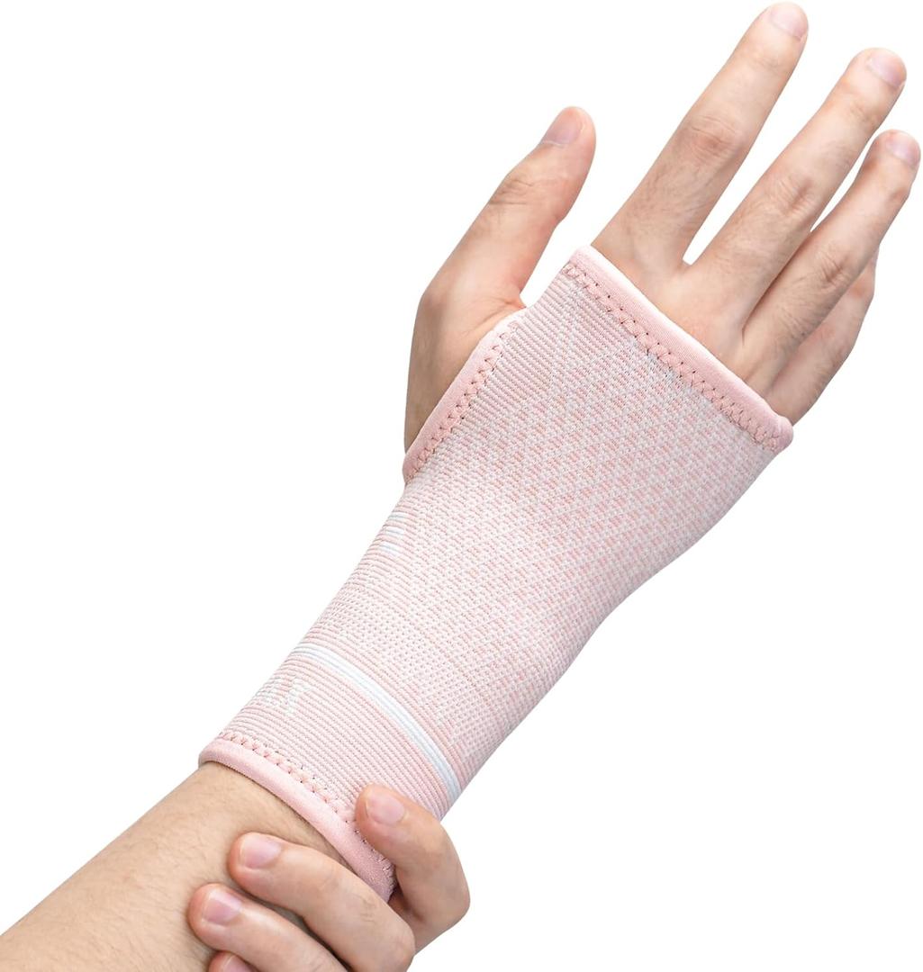 INDEEMAX Copper Wrist Compression Sleeve 1 Pair, Comfortable Hand Brace Support for Arthritis, Tendonitis, Sprains, Workout, Carpal Tunnel - Left & Right - Women and Men (Pink, S)