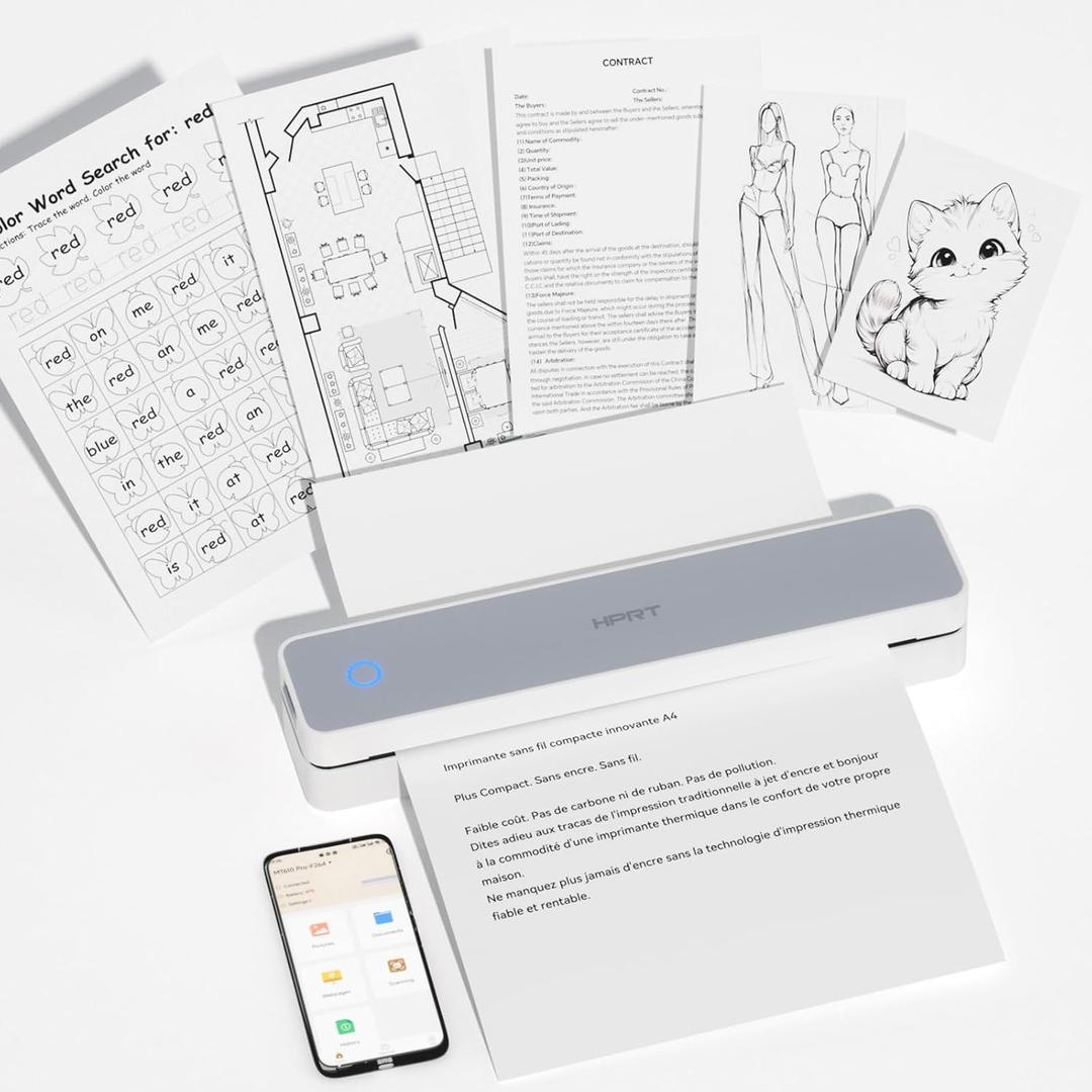 HPRT Portable Printer Wireless for Travel, Bluethooth Inkless Thermal Printer Support for 8.5"x11" US Letter, Compatible with iOS, Android, Laptop for Office and Home, White-Grey
