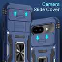 DEERLAMN Case for Google Pixel 9A with Slide Camera Cover+Screen Protector (1 Pack), Rotated Ring Kickstand Military Grade Shockproof Protective Cover-Navy Blue