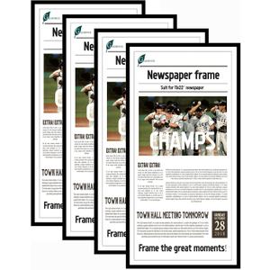 Goldfinch 4 Packs, 11x22 Newspaper Frame to Hold Assorted Media, Article Cover Frame with Polished Plexiglass, Includes Installed Wall Hangers (4, Black)
