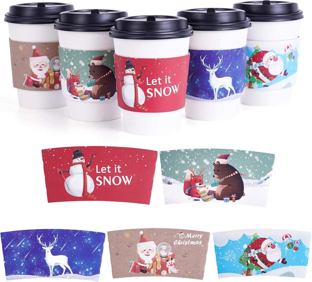 60pcs Christmas Coffee Cup Hot Chocolate Cup Sleeves,Fits 12 oz to 20 oz,with 5 Different Custom Xmas Designs,for Christmas Hot Chocolate,Coffee,Cocoa,Tea or Cold Beverage