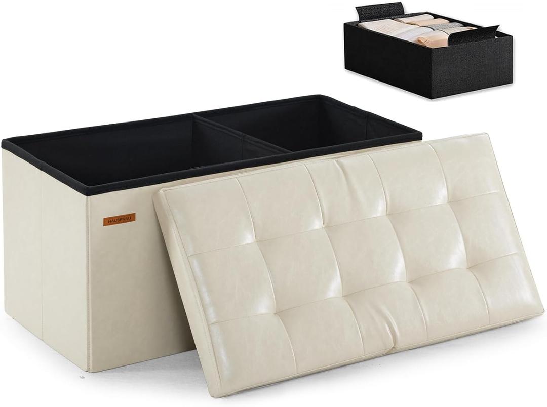 HAUSFRAU Ottoman with Storage Bench Folding Foot Rest Stool Ivory
31.5", Flip Lid, Small Upholstered Foldable Footrest Footstool, Bedroom Bench, Living Room Dorm Ottoman, Faux Leather