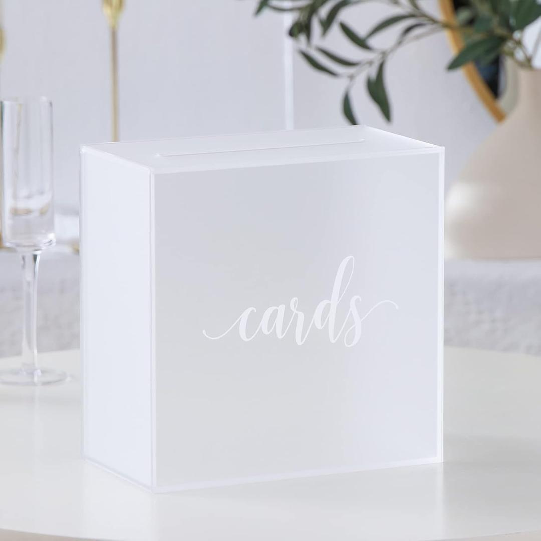 UNIQOOO Frosted Acrylic Wedding Card Box with Slot, Large 10x10x5.5 inch w/White Print | Wedding Receptions Wishing Well Money Box, Birthdays, Memory Box, Suggestion Boxes, Acrylic Ballot Box