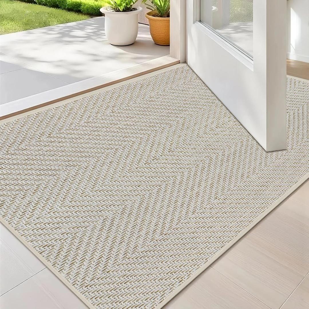 Ultra Thin Indoor Door Mat 17"x29", Washable Door Mat Indoor Entrance, Non Slip Rubber Backing Doormat Low-Profile Inside Entryway Mat, Unique Herringbone Design Entry Mat, Khaki (FOLD) (43x75cm)