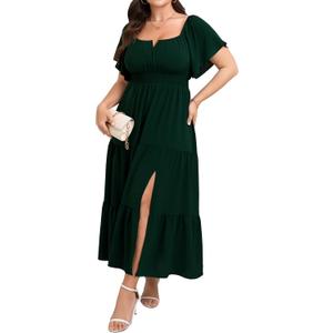 SCOMCHIC Womens Plus Size Maxi Dress Formal Short Sleeve Square Neck Smocked Side Split Flowy A Line Tiered Long Dress, 3XL
