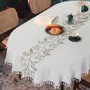 HOMBYS Oval Tablecloth with Embroidery and Tassels 60 x 102 Inch, Linen-Look Polyester Table Cover for Dining Table, Washable Wrinkle-Resistant Tablecloth for Farmhouse Kitchen Decor, Natural