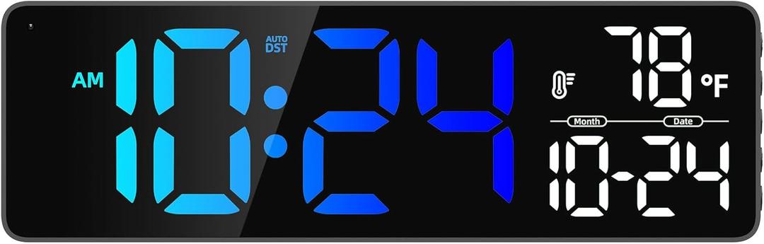 Large LED Digital Wall Clock with Date, Temperature, Auto-Brightness, Auto-DST | Big Digital Clock for Bedroom, Desk, Classroom, Living Room, Kitchen, Office, Gym, Farmhouse, Xmas Gift for Seniors (Rgb)
