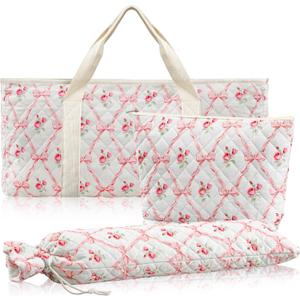 3 Pcs Empty Mahjong Bag Set, Thickened Pink Bow Quilted Carrying Bag Set with Two Wrappers, Card Bags, Mahjong Racks and Card Pusher Drawstring Bags (Case Only)