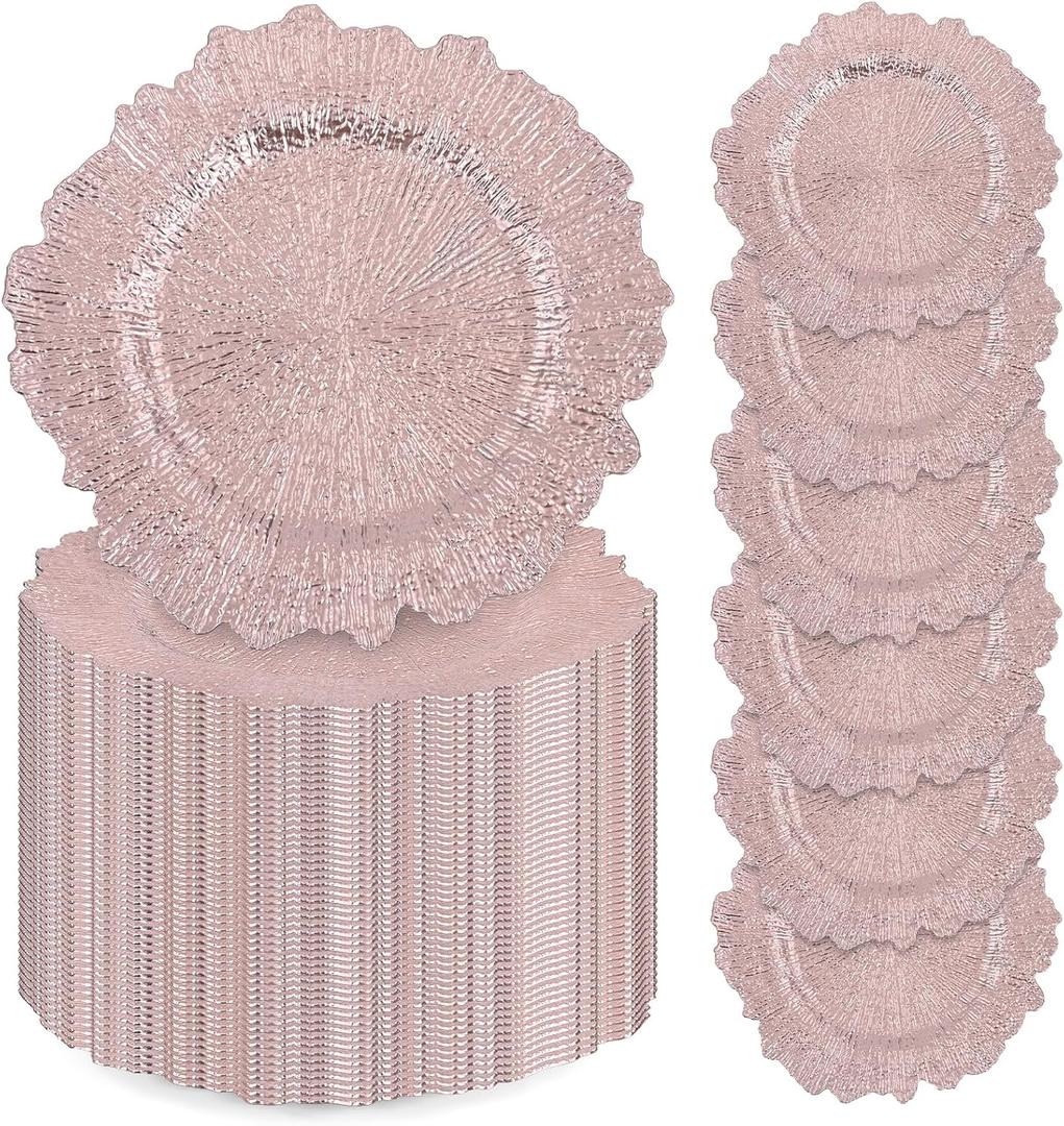 100 Pcs Rose Gold Charger Plates Bulk, 13" Reef Plate Chargers | for Dinner Plates, Plastic Floral Decorative Plates, for Table Setting, Wedding, Christmas, Party, Event, Decoration
