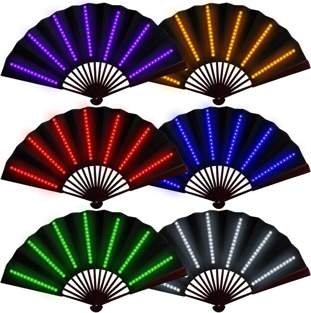 Roowest 6 Pcs Rave Light up Folding Fan for Line Dancing with Battery LED Large Handheld 6 Colors Glowing Fan for Party Gift Performance Show Birthday Night Club (Black,Neon)