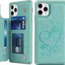 iCoverCase Compatible with iPhone 11 Pro Max Wallet Phone Case with Card Holder for Women, RFID Blocking Embossed PU Leather Wrist Strap Case for 11pro Max 6.5 Inch (Heart Mint)