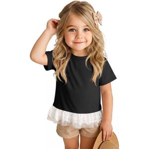 Toddler Girls Cotton Short Sleeve Shirts | Lace Hem, Crewneck, Baby Girl, Kids, Side Ruched, Summer, Tight, Cute, Basic, Casual, Comfortable, Soft, Solid Color, Plain