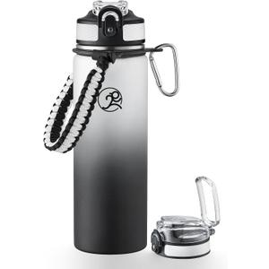 GOSWAG Insulated Sports Water Bottle, 24oz 2 Lids(with Straw/No Straw), Stainless Steel Water Bottles with Paracord Handle, Insulated Thermos with Double-Wall Vacuum Insulation (Gray-Black Ombr)