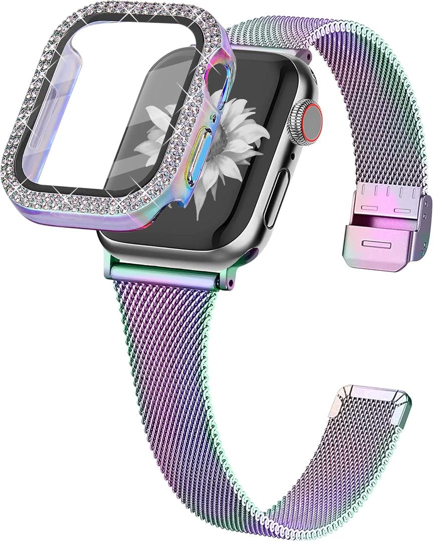 Joyozy Slim Stainless Steel Band Compatible with Apple Watch 38mm 40mm 41mm 42mm 44mm 45mm 46mm Milanese Strap with Bling Glitter Case Built-in Screen Protector Dressy Bracelet Band for Women(Rainbow 44mm)