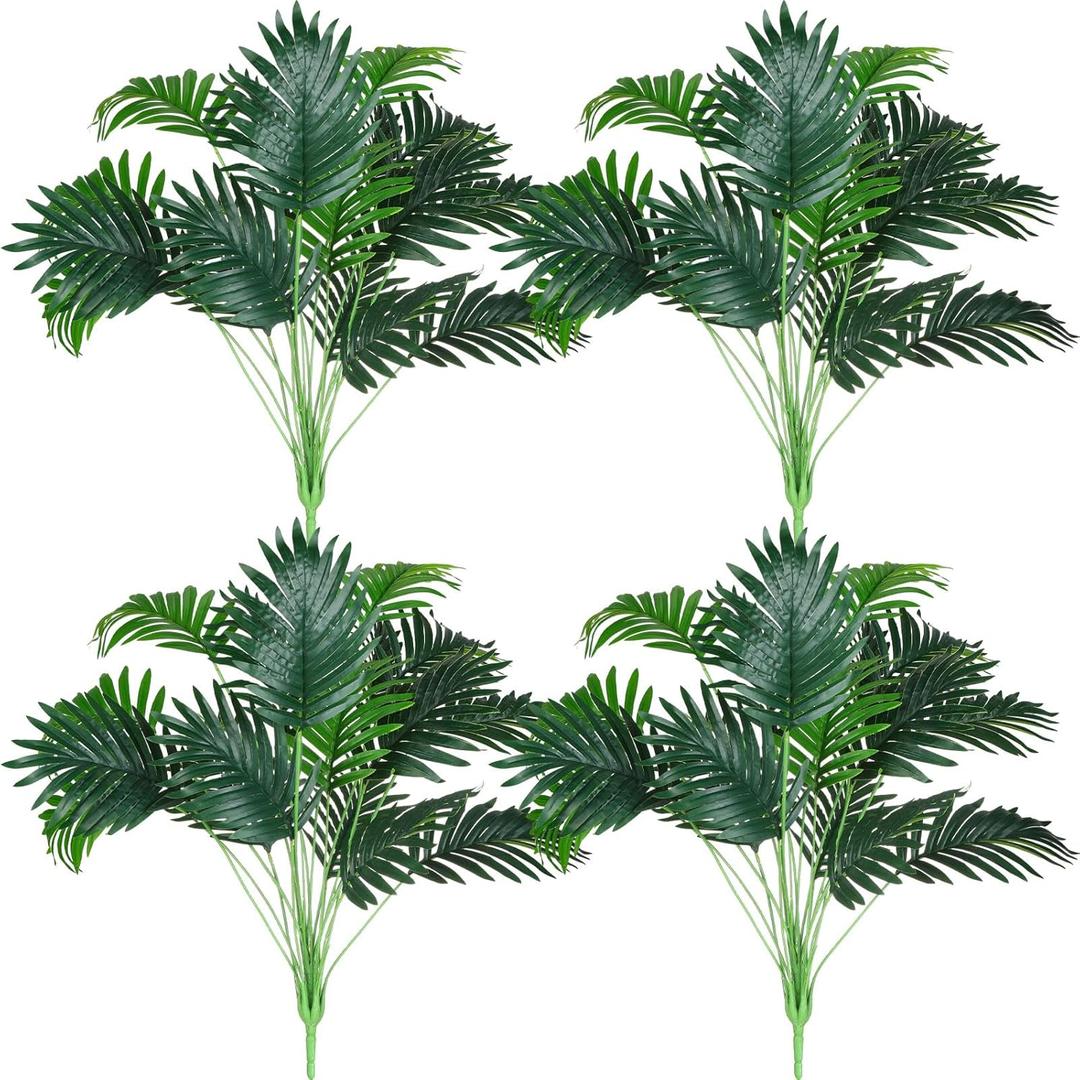 Tigeen 4 Pcs Artificial Palm Leaves Tree 33 Inch Fake Tropical Plant with Stems Large Faux Palm Leaf Bush Greenery for Hawaiian Luau, Jungle Safari, Pool Beach Party, Wedding, Garden, Indoor Outdoor