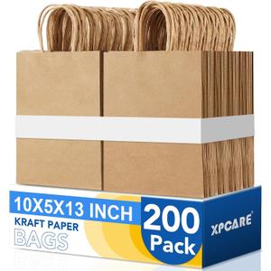 XPCARE Large Brown Paper Bags, 200 Packs 10x5x13 Inch Gift Bags with Handles Bulk Paper Bag with Handles Retail Kraft Paper Bag Brown Gift Bags for Wedding Party Shopping