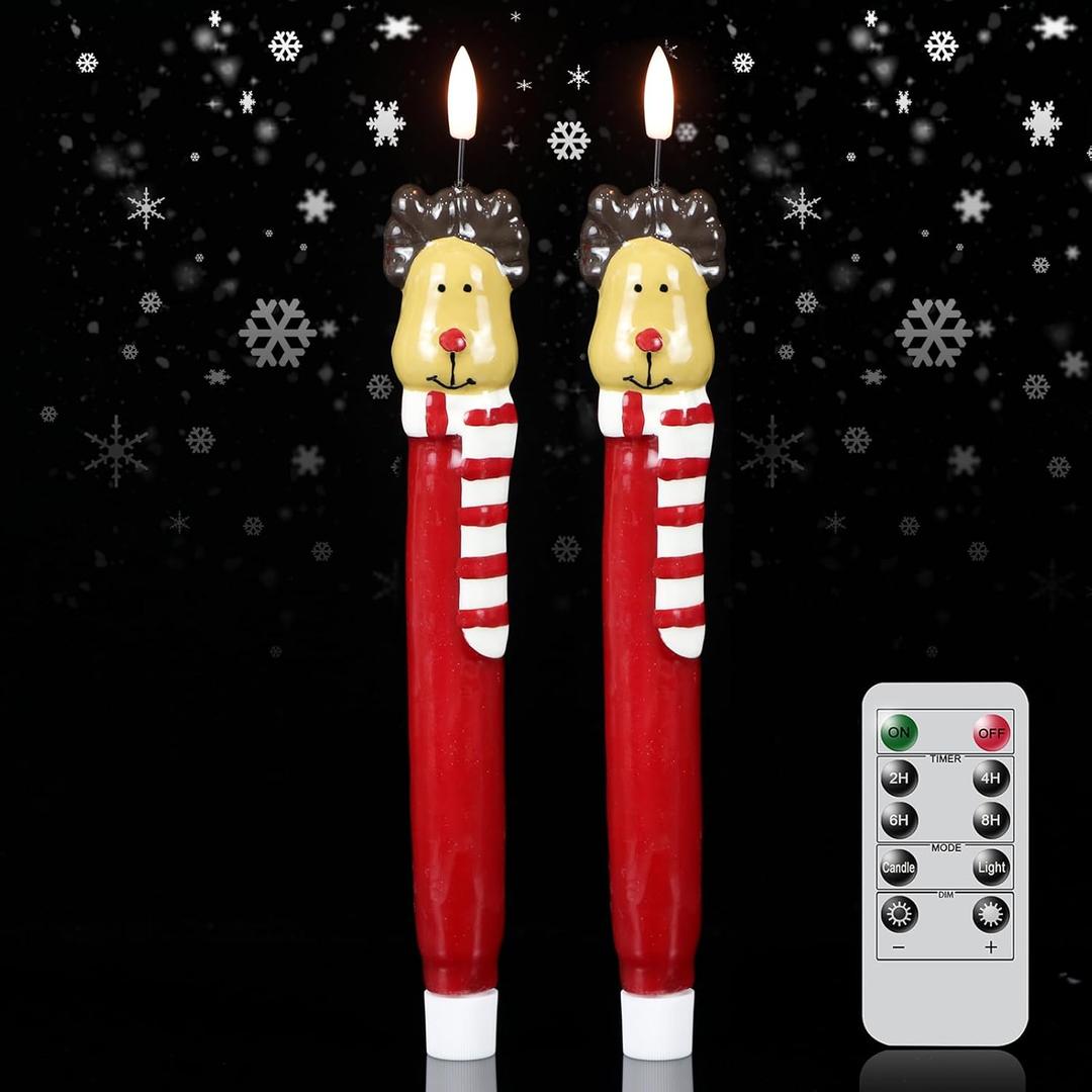 2 x Christmas Flameless Taper Candles, Christmas Deer LED Taper Candles with Timer, 2 Pcs Christmas Deer LED Flameless Candlesticks with 3D Flame for Home Decor(0.79 x 11.4)