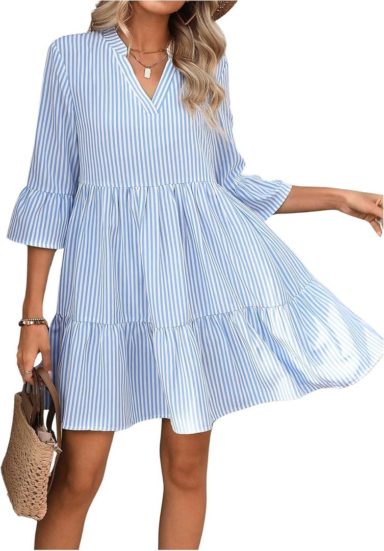 WDIRARA Women's Striped Print Tiered Layer A Line Dress V Neck Half Sleeve Flared Midi Dresses (Large, Multicolor)