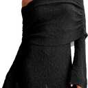 Women's Off Shoulder Cover Ups Summer Beach Swimsuit Long Bell Sleeve Sheer Dress Bathing Suit Coverup (Black, S)