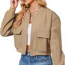 Zando Womens Bomber Jacket Button Down Short Cropped Jackets Long Sleeve Baseball Varsity Jacket Casual Jackets with Pockets (Small, Khaki)