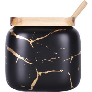 VanEnjoy Decorative Marble Inlay Glaze Ceramic Sugar Spice Containers Porcelain Jar with Bamboo Lid and Spoon Condiment Jar for Home (Black)