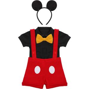IMEKIS Toddler Baby Boys Red Outfit Bowtie Romper Overalls Shorts 1st Birthday Cake Smash Photo Shoot Clothes (6-12 Months, # Black + Red Eyes With Headband)