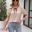 CiCiBird Womens Dressy Casual Blouses Elegant Business Work Tops Tie Front Puff Short Sleeve Shirt (Beige, XL)