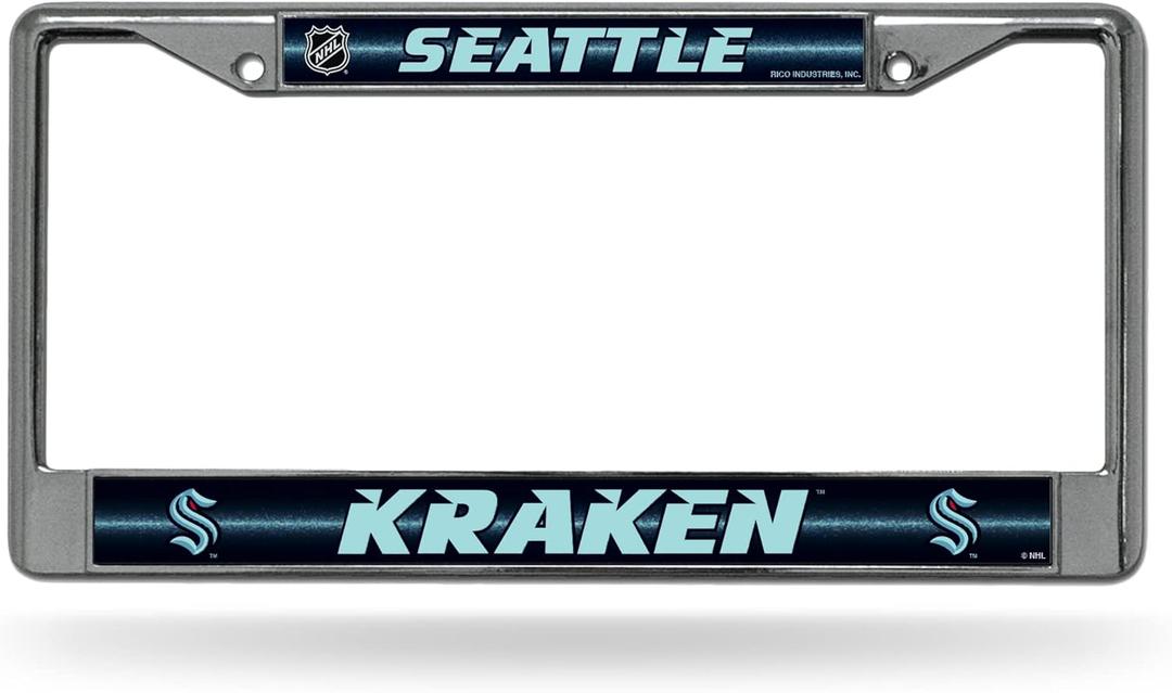Rico Industries NHL Hockey Seattle Kraken Classic 12" x 6" Silver Bling Chrome Car/Truck/SUV Auto Accessory